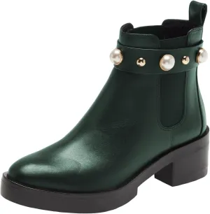 FSJ Women Round Toe Chelsea Boots with Pearls Strap Block Low Heel Slip On Vegan Leather Ankle Booties Size 4-16 US