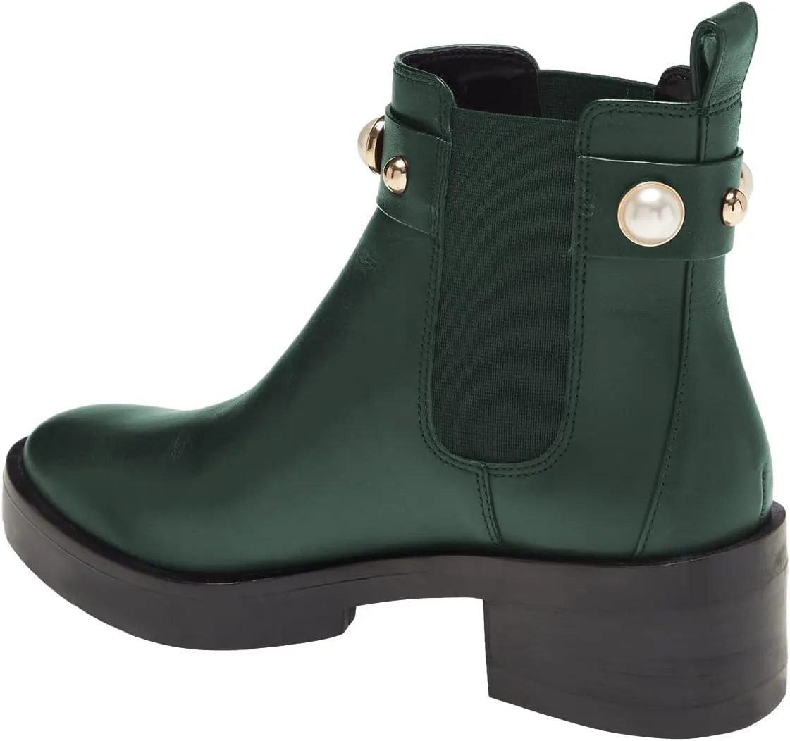 FSJ Women Round Toe Chelsea Boots with Pearls Strap Block Low Heel Slip On Vegan Leather Ankle Booties Size 4-16 US