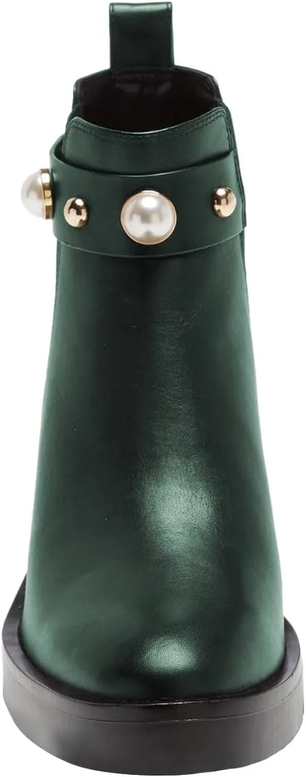 FSJ Women Round Toe Chelsea Boots with Pearls Strap Block Low Heel Slip On Vegan Leather Ankle Booties Size 4-16 US