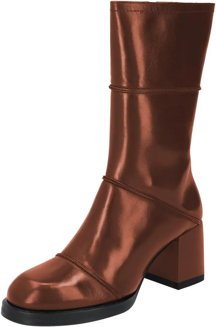 FSJ Women Round Toe Mid Calf Boots Chunky Block Low Heel Splice Leather with Stitches Side Zipper Versatile Booties Shoes Size 4-16 US