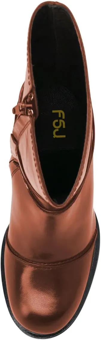 FSJ Women Round Toe Mid Calf Boots Chunky Block Low Heel Splice Leather with Stitches Side Zipper Versatile Booties Shoes Size 4-16 US