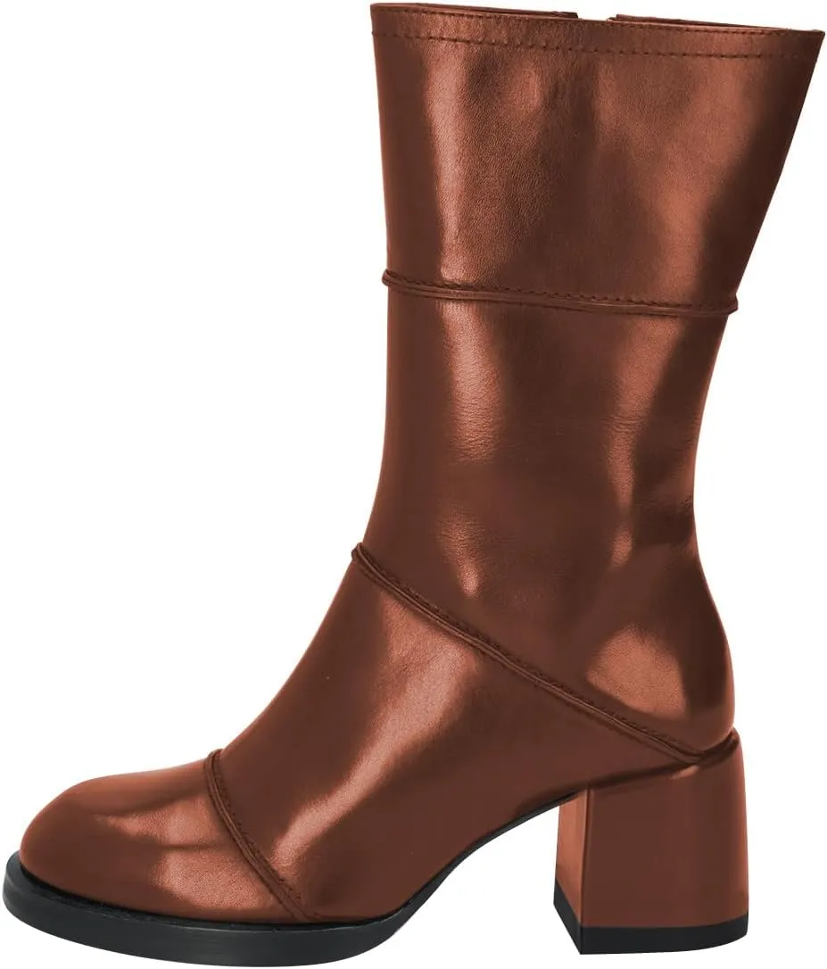 FSJ Women Round Toe Mid Calf Boots Chunky Block Low Heel Splice Leather with Stitches Side Zipper Versatile Booties Shoes Size 4-16 US