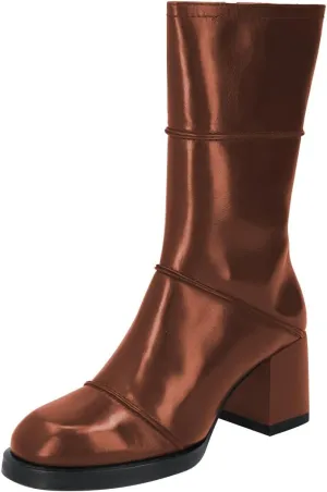 FSJ Women Round Toe Mid Calf Boots Chunky Block Low Heel Splice Leather with Stitches Side Zipper Versatile Booties Shoes Size 4-16 US