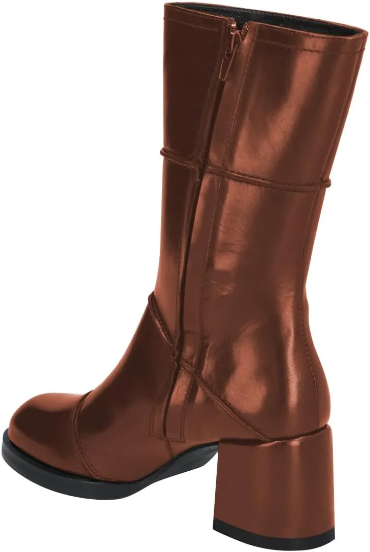 FSJ Women Round Toe Mid Calf Boots Chunky Block Low Heel Splice Leather with Stitches Side Zipper Versatile Booties Shoes Size 4-16 US