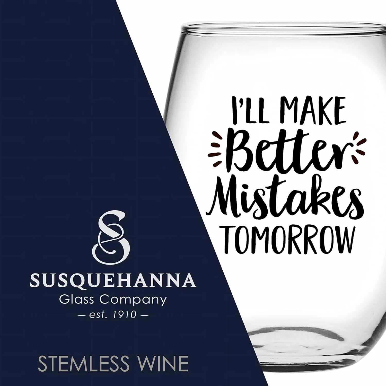 Funny Wine Gift Company - Better Mistakes Tomorrow, 21 oz. Stemless Wine Glass, Black, Single
