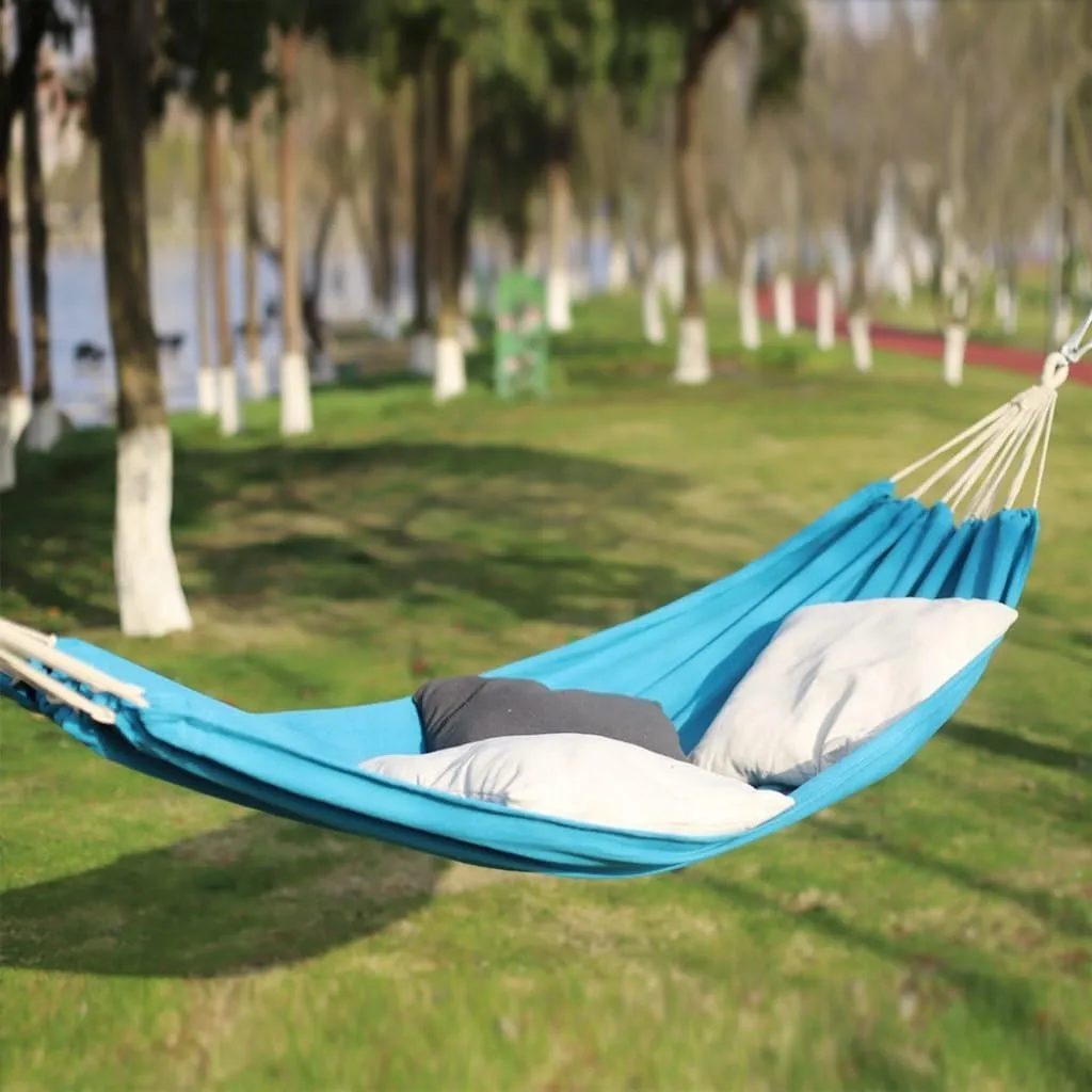 Hammock Outdoor Hammock Woven Tassel Thick Canvas Straight Stick Anti-Rollover Leisure Camping Single Double Swing Hammocks for Outside(Blue,A)