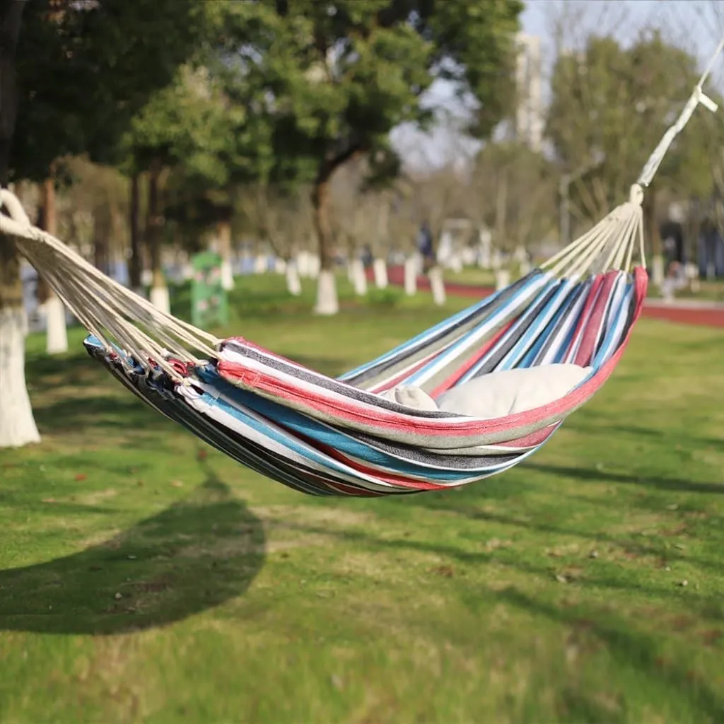 Hammock Outdoor Hammock Woven Tassel Thick Canvas Straight Stick Anti-Rollover Leisure Camping Single Double Swing Hammocks for Outside(Blue,A)