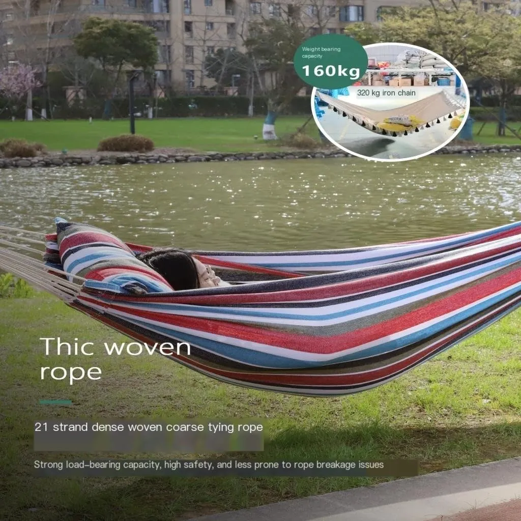 Hammock Outdoor Hammock Woven Tassel Thick Canvas Straight Stick Anti-Rollover Leisure Camping Single Double Swing Hammocks for Outside(Blue,A)