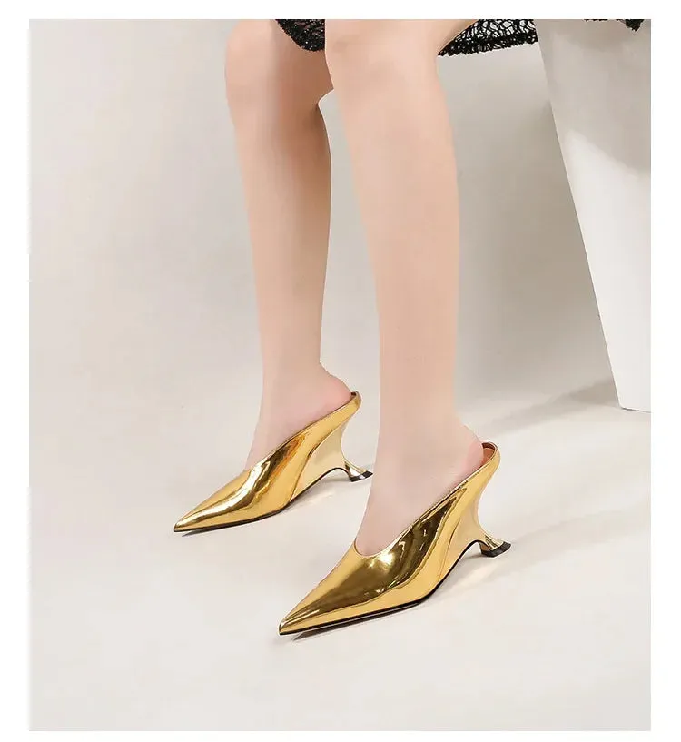 Handmade Pointed Toe Women’s Slippers with Designer Shallow Wedges and High Heels - Elegant Banquet Mule Shoes