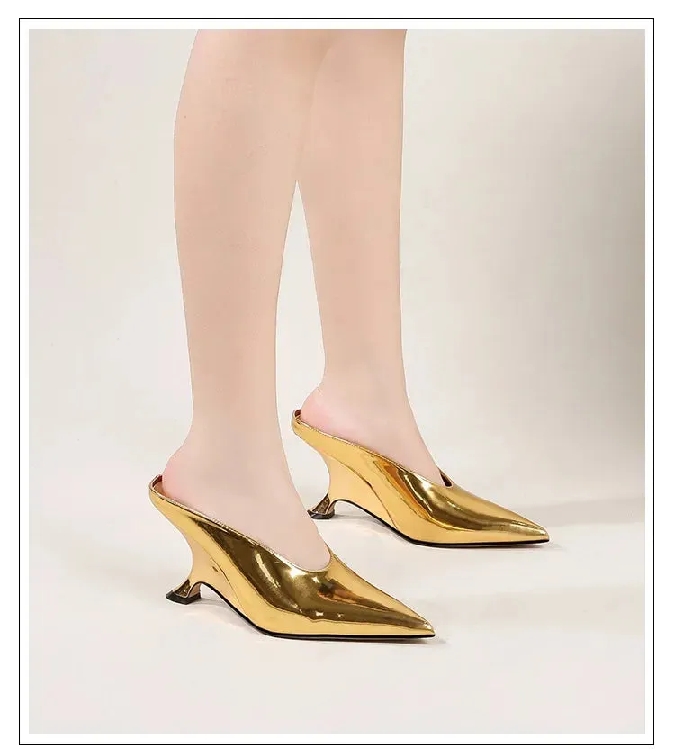 Handmade Pointed Toe Women’s Slippers with Designer Shallow Wedges and High Heels - Elegant Banquet Mule Shoes