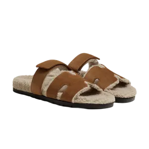 Hermes Chypre sandal Sherling Brun Fumé / Écru