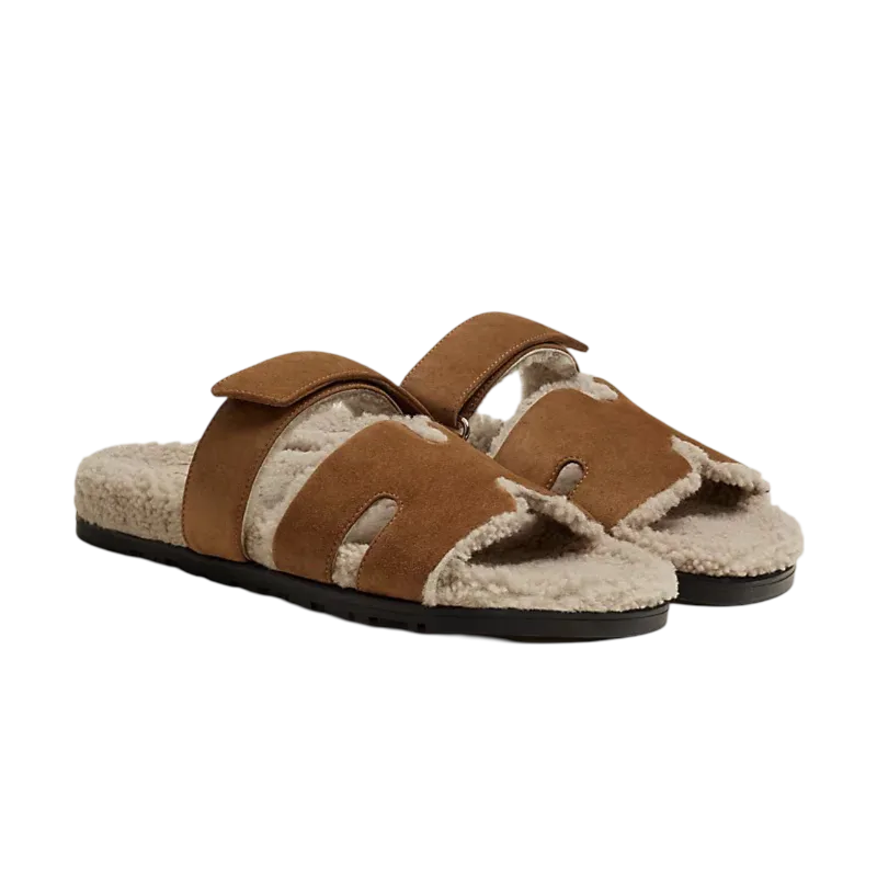 Hermes Chypre sandal Sherling Brun Fumé / Écru
