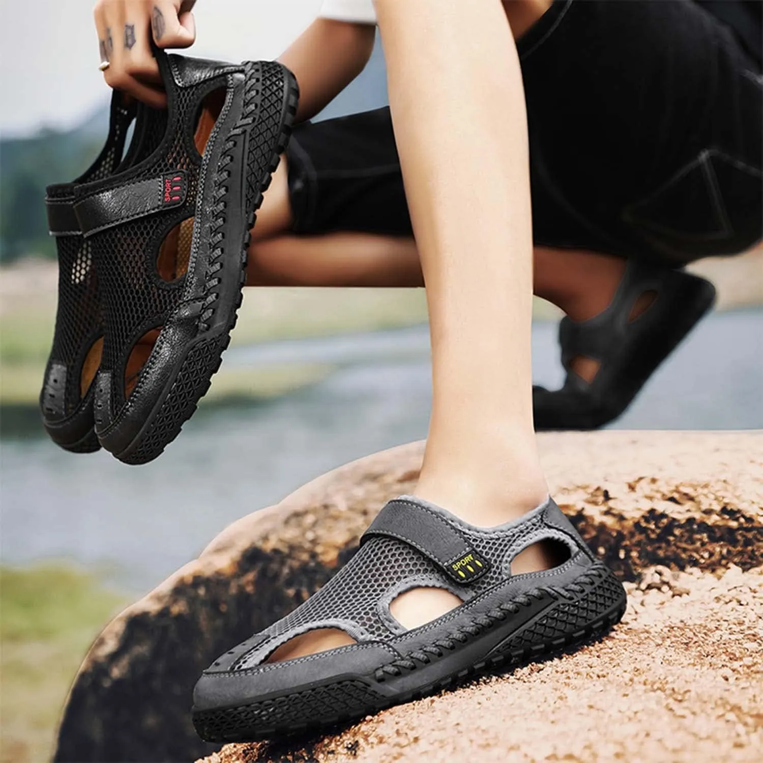 HESBITEUL Mens Sport Sandals Outdoor: Non-Slip MD Slide for Trail Hiking