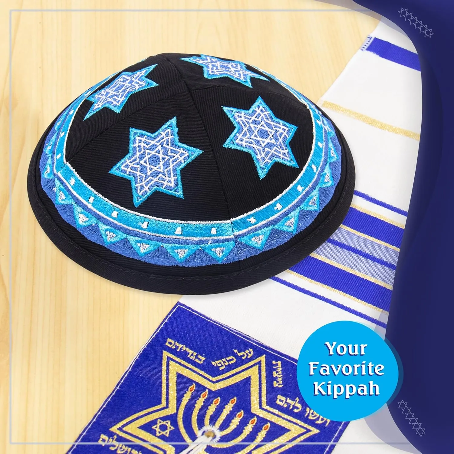 Hq 19cm Cotton Kippah with Blue Star of David Embroidery for Men & Boys, Yamaka Hat from Israel (Black Base)