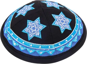 Hq 19cm Cotton Kippah with Blue Star of David Embroidery for Men & Boys, Yamaka Hat from Israel (Black Base)