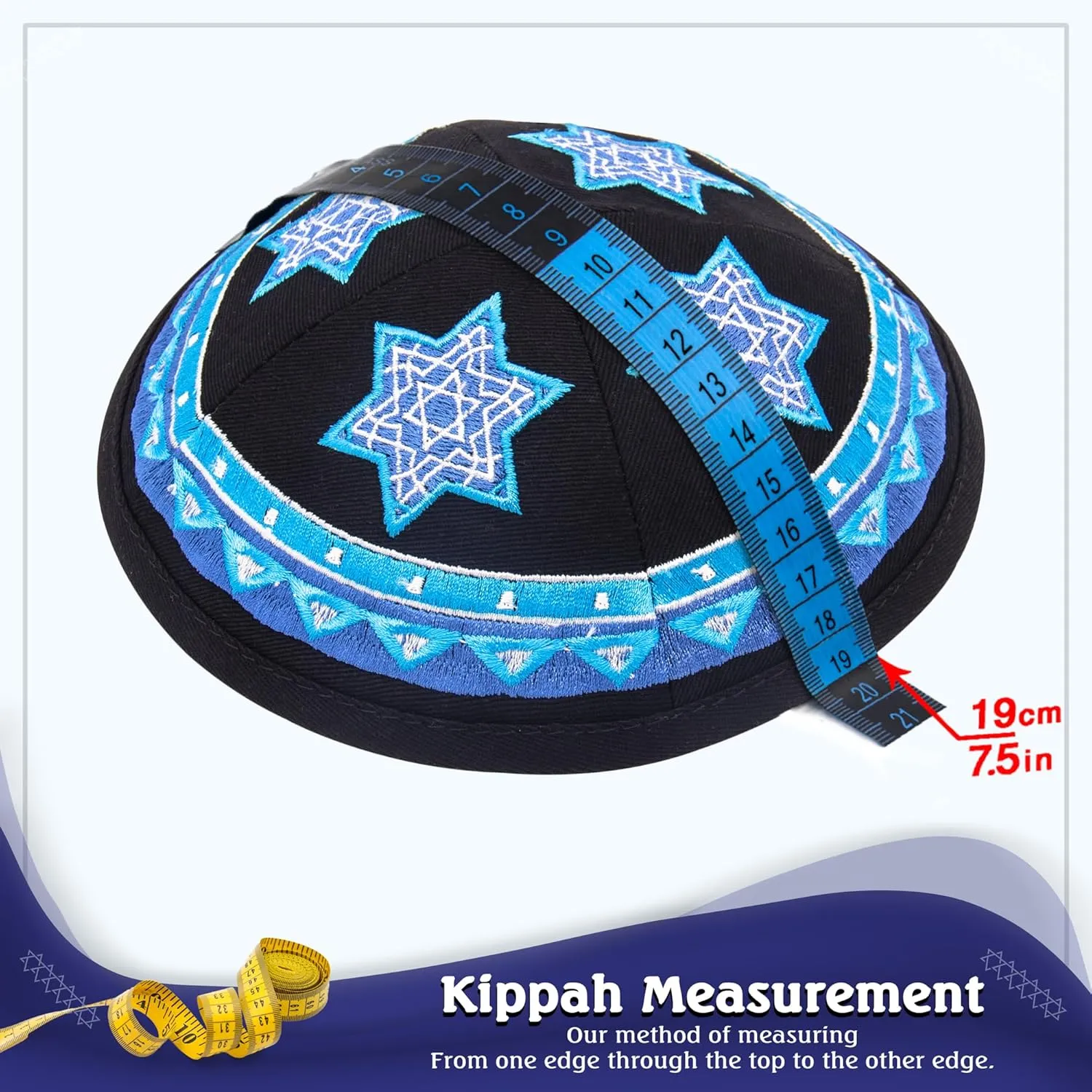 Hq 19cm Cotton Kippah with Blue Star of David Embroidery for Men & Boys, Yamaka Hat from Israel (Black Base)