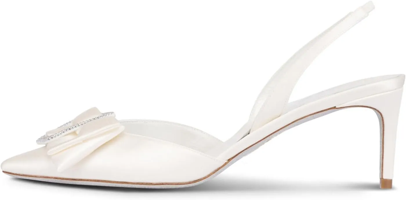 iadore Women's Middle Heel Sandals, 2.4'' Satin Closed Pointed Toe Square Crystal Buckle Bowknot Slip-on Elastic Slingback Pumps Evening Party Dress Shoes