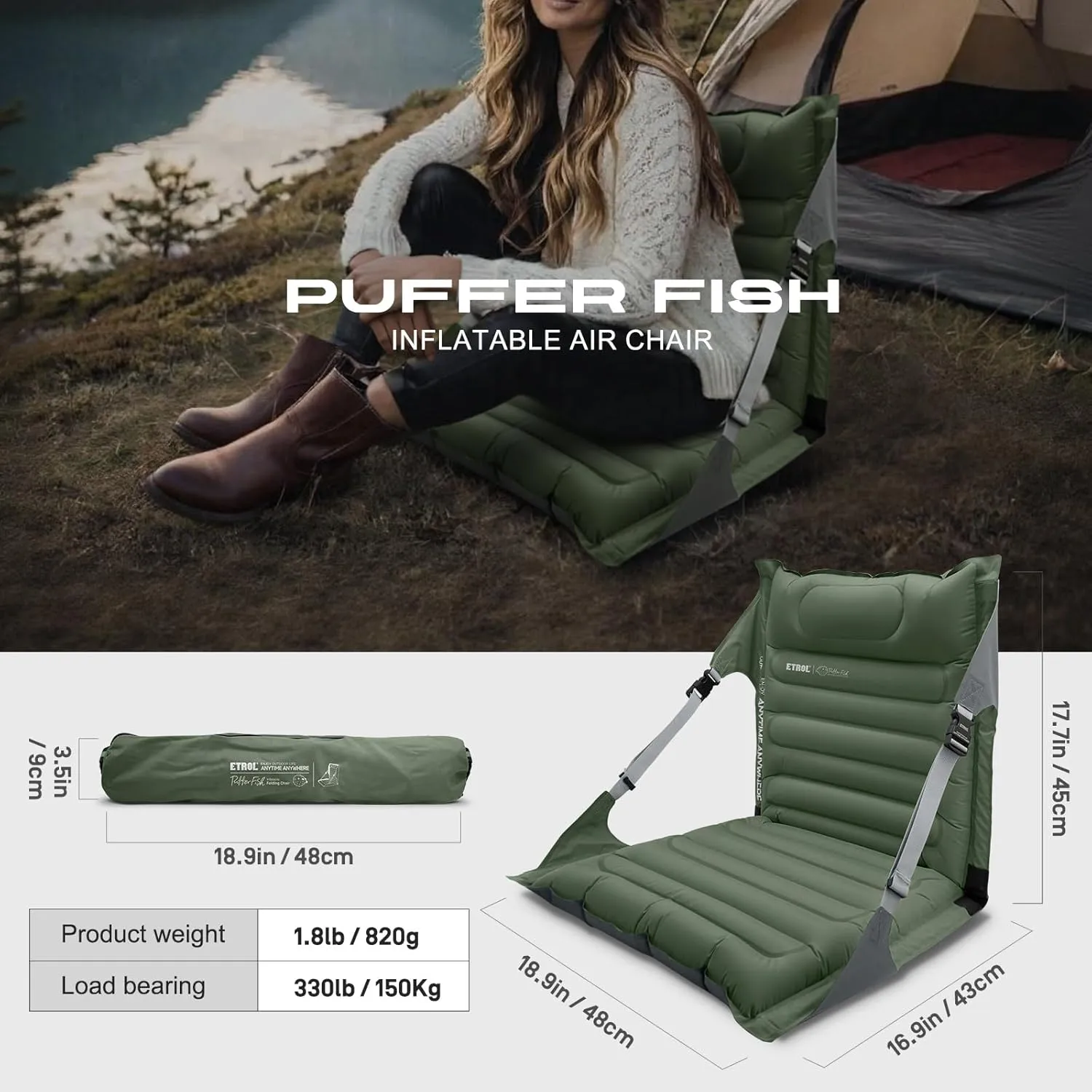 Inflatable Folding Seats, Portable Folding Chairs with Back Support and Adjustable Straps, Inflatable Portable Stadium Seat for Camping Outdoor Hiking Sporting Events and Park