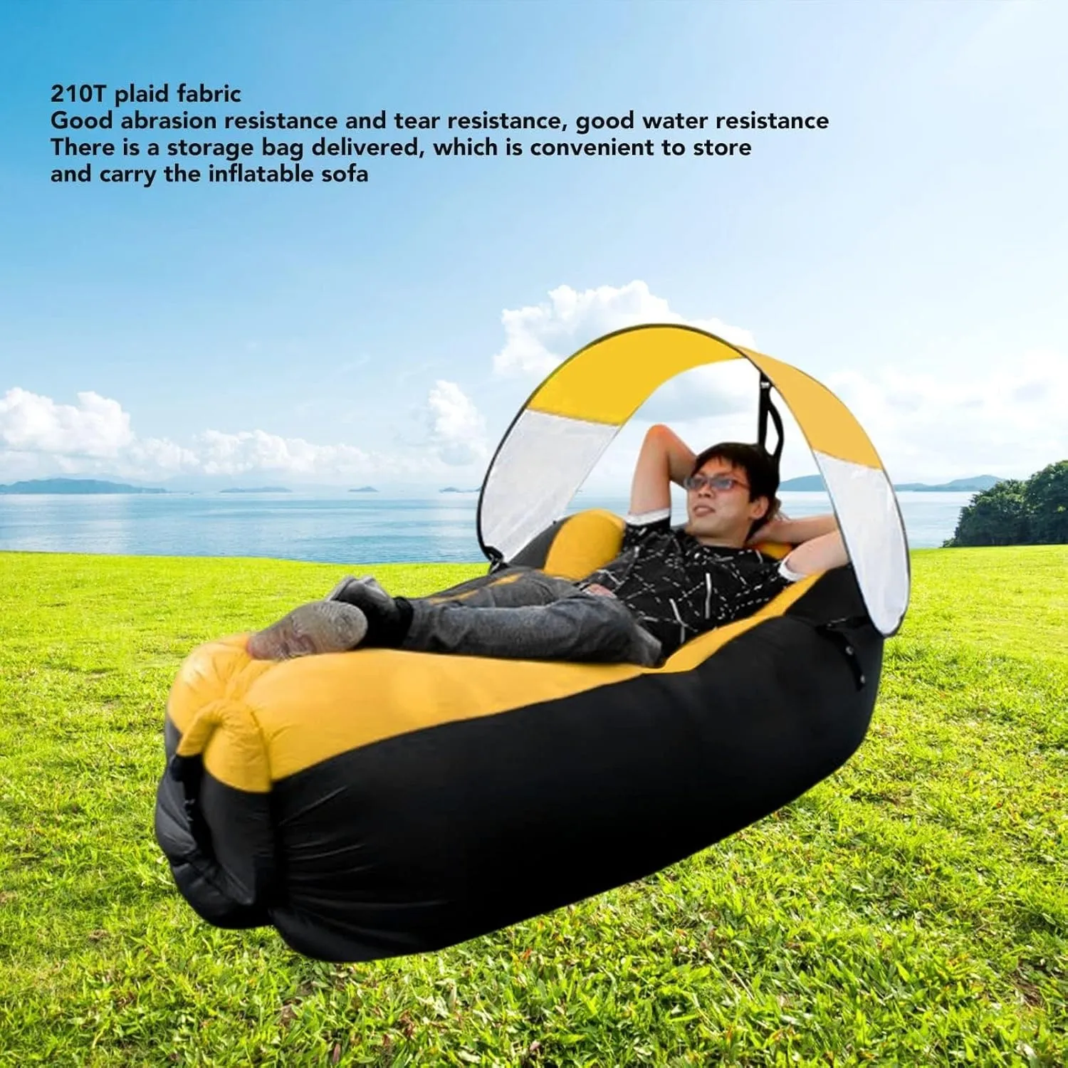 Inflatable Lounger Air Sofa, 210T Tear Resistance Plaid Inflatable Sofa for Camping (Black Plus Yellow)(Black Plus Yellow)
