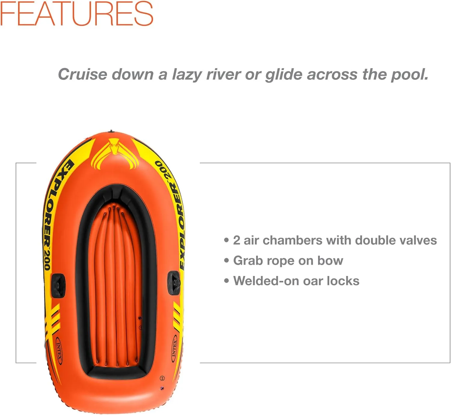 INTEX Explorer Inflatable Boat Series: Dual Air Chambers – Welded Oar Locks – Grab Handles – Bow Rope – Sporty Design
