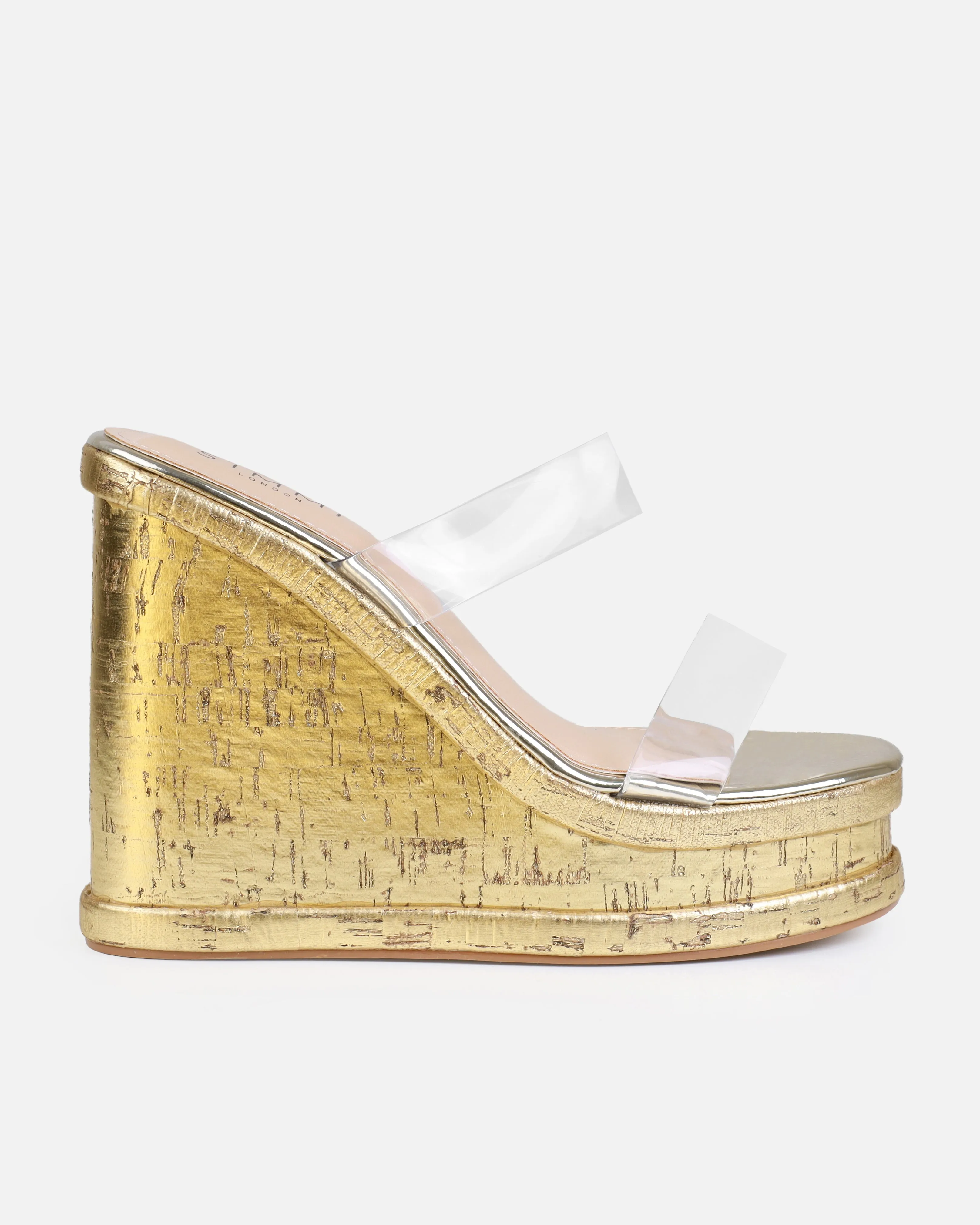 Isabelle Gold Clear Mule Wedges