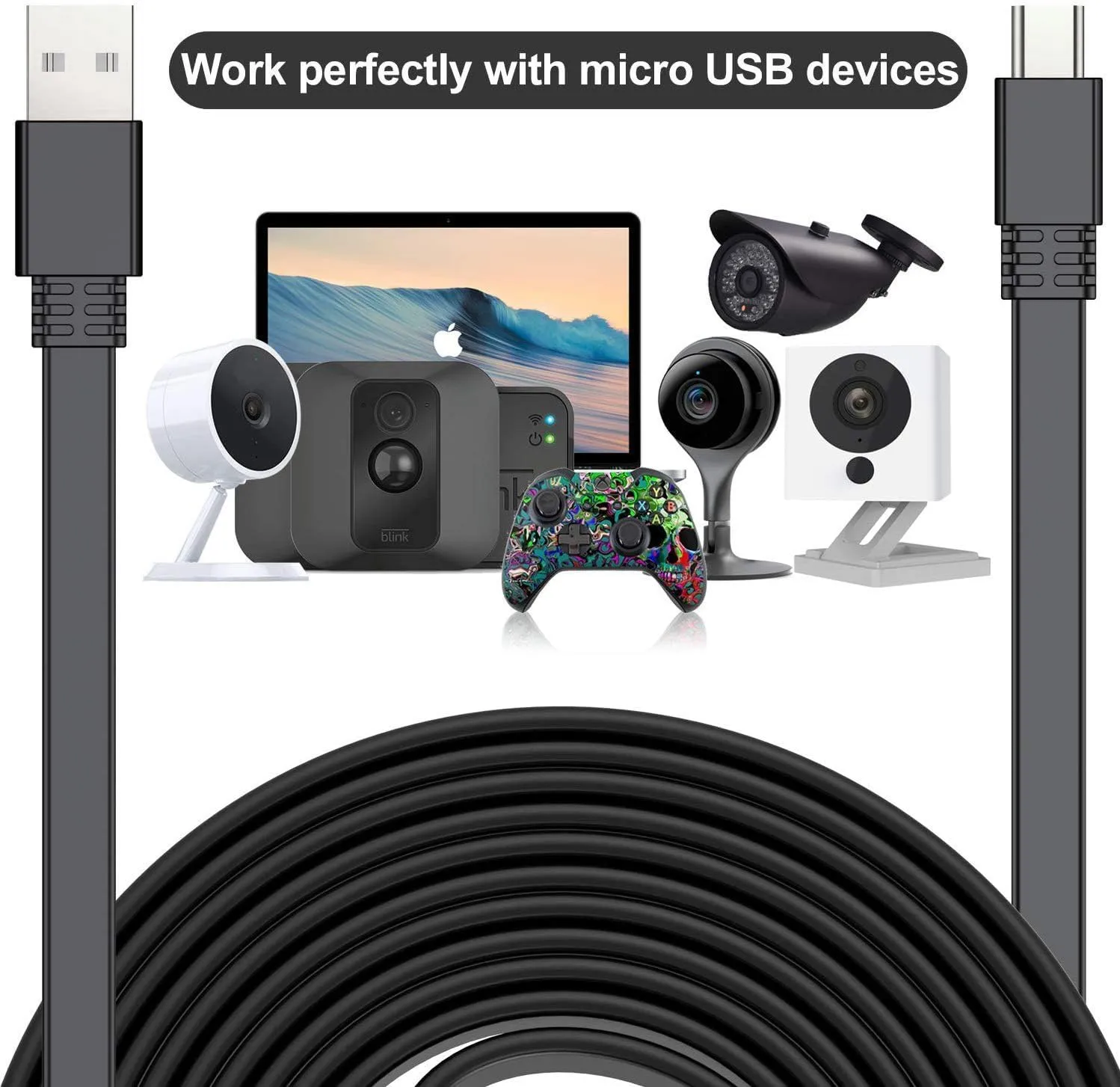 Itramax Micro USB Power Cable 30 FT (2 Pack),Flat Micro USB Charging Power Cord,Charger for Wyze Cam V3 V4,Yi Cam,Nest Cam,Blink Mini XT XT2 Outdoor 3rd Gen Camera,Arlo Q,Zmodo,25