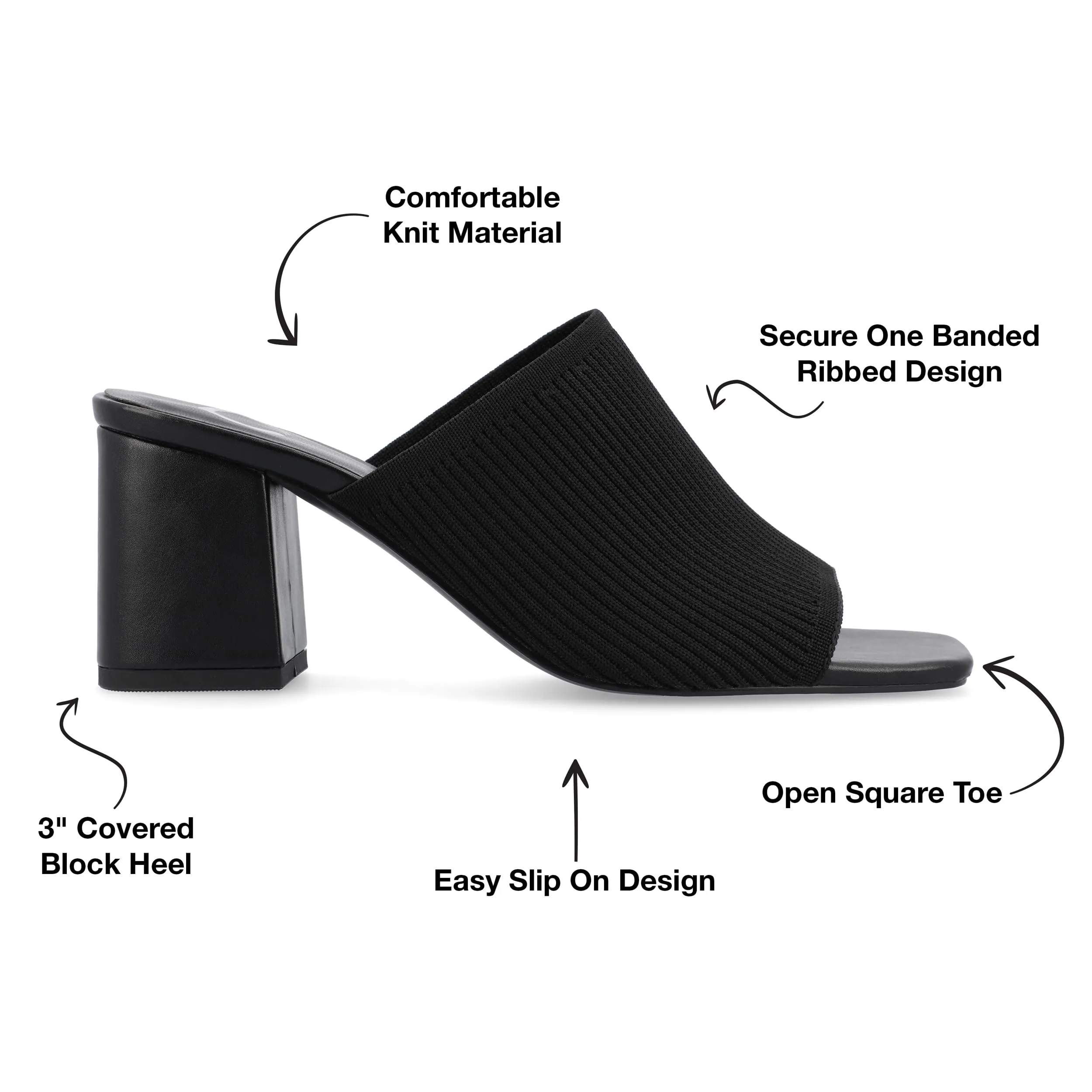 Journee Square Open Toe Chunky Block Heel Knit Slip-On Pump for Women - Lorenna Heeled Fashion Mule Black 9.5 Medium Womens US