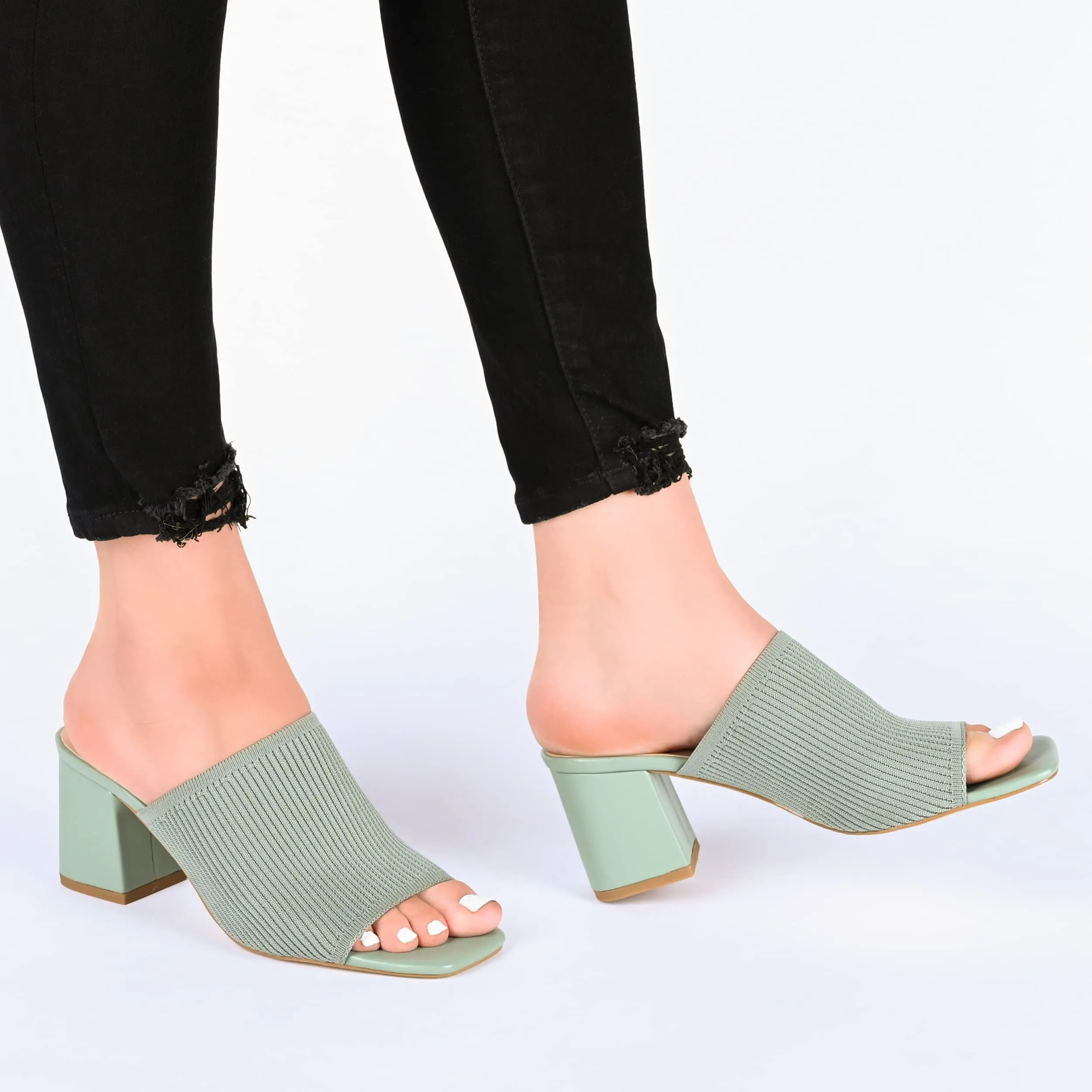 Journee Square Open Toe Chunky Block Heel Knit Slip-On Pump for Women - Lorenna Heeled Fashion Mule Black 9.5 Medium Womens US