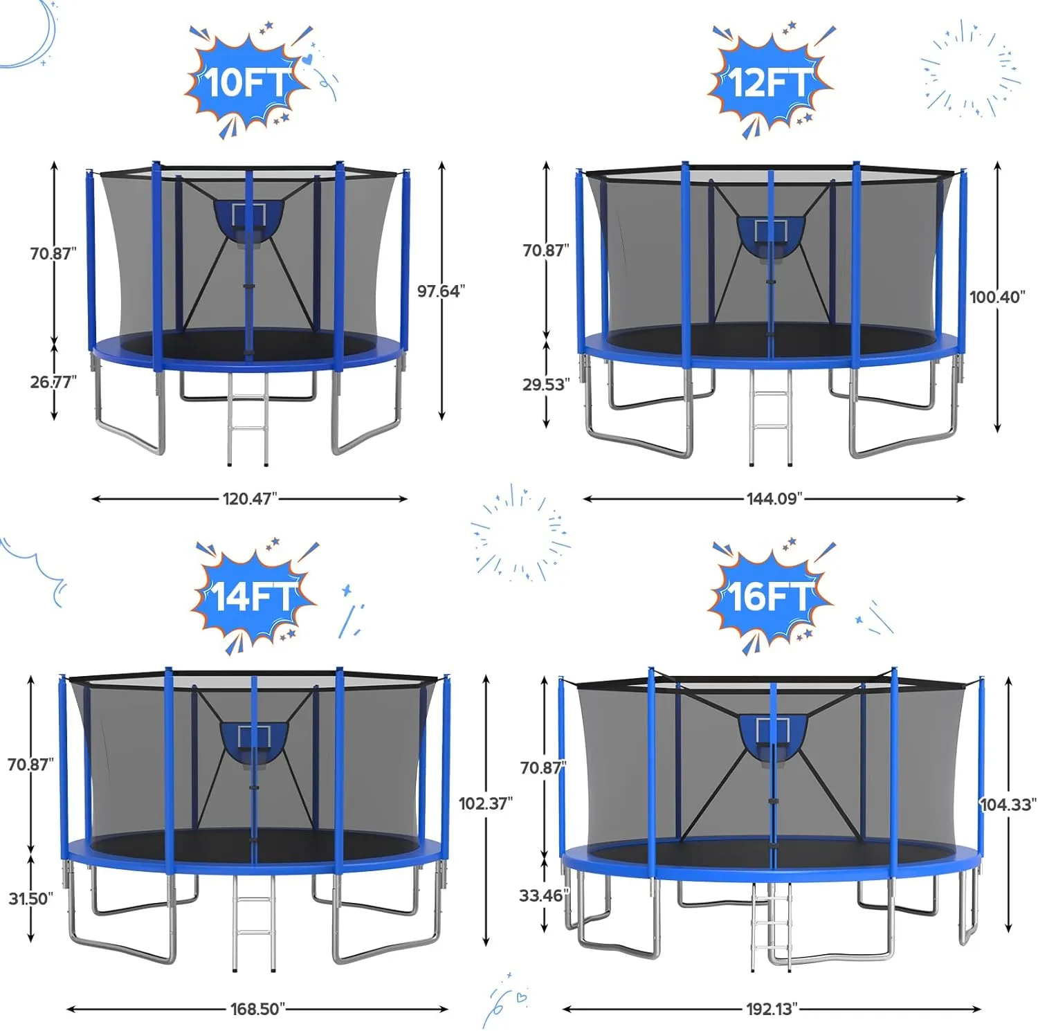 KOFUN 1500LBS 16 14 12 10 FT Trampoline for Kids and Adults Outdoor Trampolines with Safety Enclosure Net, Removable Basketball Hoop, Anti-Rust Coating Ladder, 2Pcs Ball 1Pc Pump, ASTM Approved