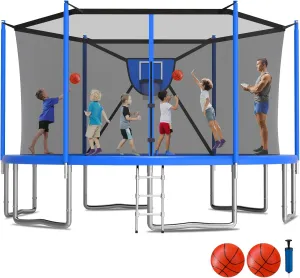 KOFUN 1500LBS 16 14 12 10 FT Trampoline for Kids and Adults Outdoor Trampolines with Safety Enclosure Net, Removable Basketball Hoop, Anti-Rust Coating Ladder, 2Pcs Ball 1Pc Pump, ASTM Approved