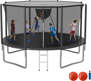 KOFUN 1500LBS Tranpoline Outdoor【Tranpoline with Shade Cover】Tranpoline for Kids and Adults 12FT 14FT 16FT Recreational Tranpolines with Net, Basketball Hoop, Ladder, Canopy Tent Cover, ASTM Approved