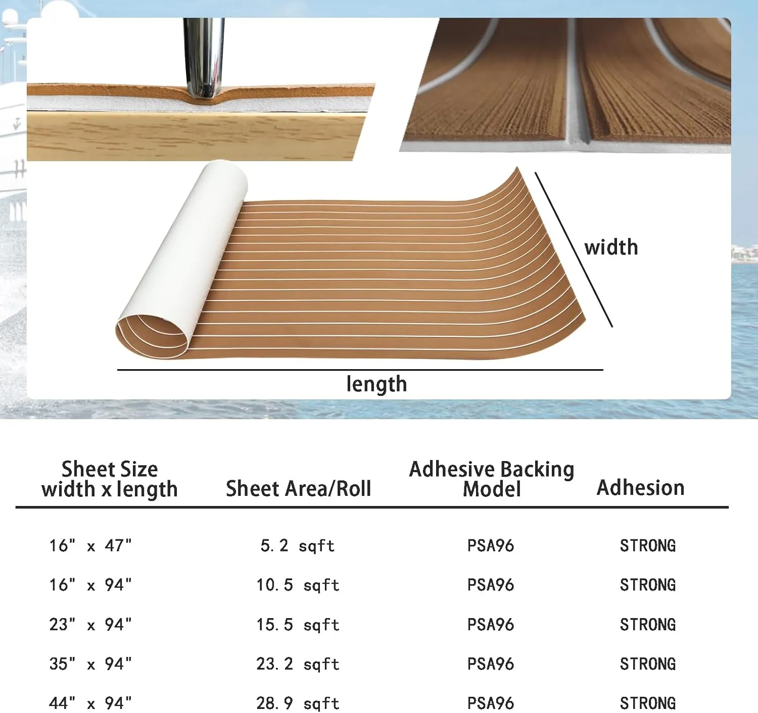 KXKZREN Boat Flooring EVA Foam Decking Sheet Faux Teak Marine Mat Marine Carpet Cooler Tops Non-Slip Self-Adhesive Flooring for Motorboat RV Yacht Kayak Swim Platform 94" x 47"/44"/35"/23"/16"