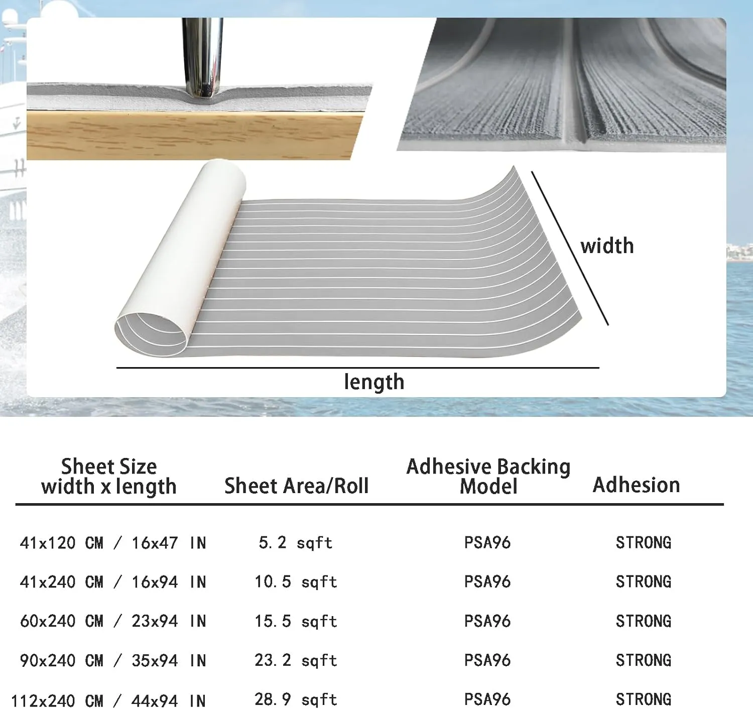 KXKZREN Boat Flooring EVA Foam Decking Sheet Faux Teak Marine Mat Marine Carpet Cooler Tops Non-Slip Self-Adhesive Flooring for Motorboat RV Yacht Kayak Swim Platform 94" x 47"/44"/35"/23"/16"