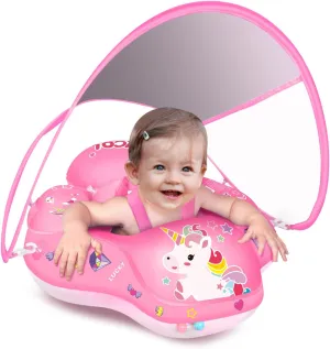 LAYCOL Baby Swimming Float Inflatable Baby Pool Float Ring with Sun Protection Canopy,add Tail no flip Over for Age of 3-36 Months