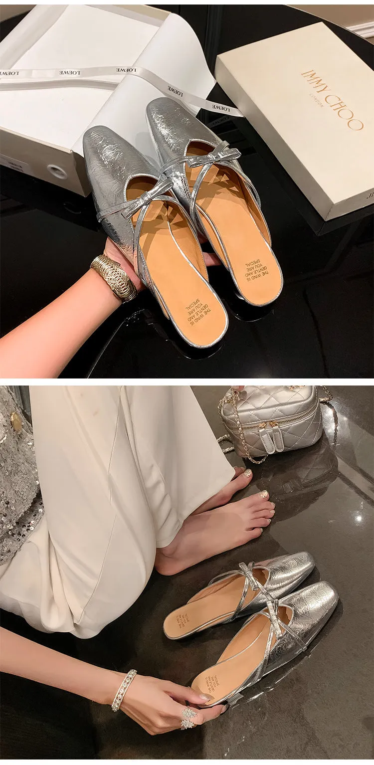 Leather Low-Heeled Mule with Bow-Detail