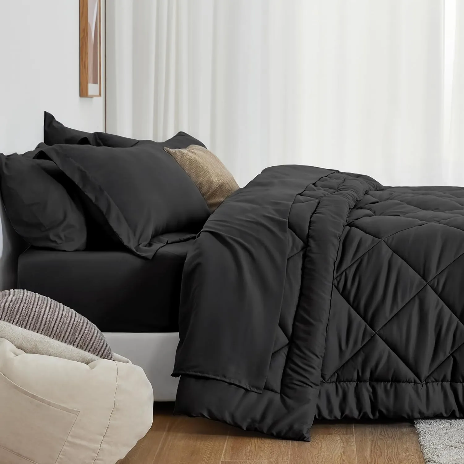 Love's cabin Full Comforter Set Black, 7 Pieces Full Bed in a Bag, All Season Full Bedding Sets with 1 Comforter, 1 Flat Sheet, 1 Fitted Sheet, 2 Pillowcase and 2 Pillow Sham