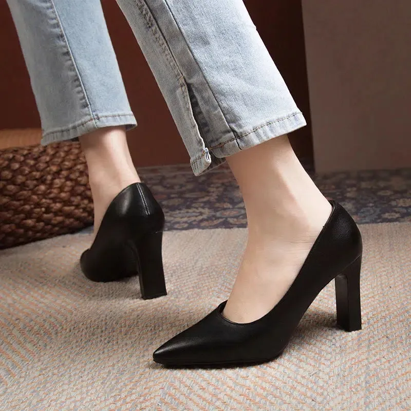 Low heel pointed toe pumps