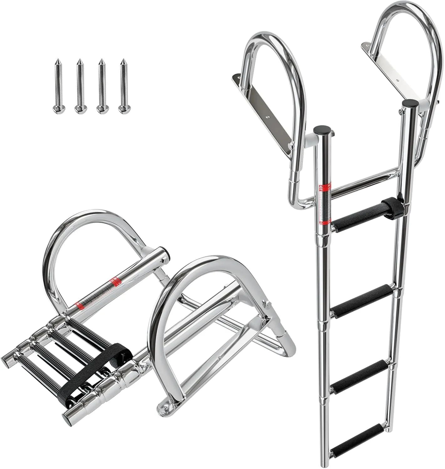 LUISLADDERS Boat Ladder 4 Step Folding, Heavy Duty Stainless Steel Telescoping Rear Entry Inboard Ladder Dock Ladder Swim Deck Ladder with Pedal Hand Railing Ladder