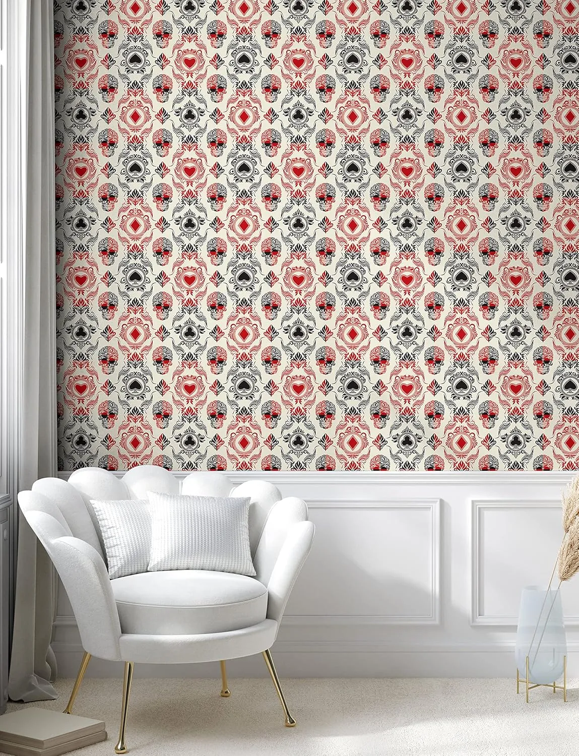 Lunarable Skull Peel & Stick Wallpaper for Home, Playing Card Themed Skeleton Head Ace of Spades Diamonds Hearts Victorian, Self-Adhesive Living Room Kitchen Accent, 13" x 100", Vermilion Black Cream