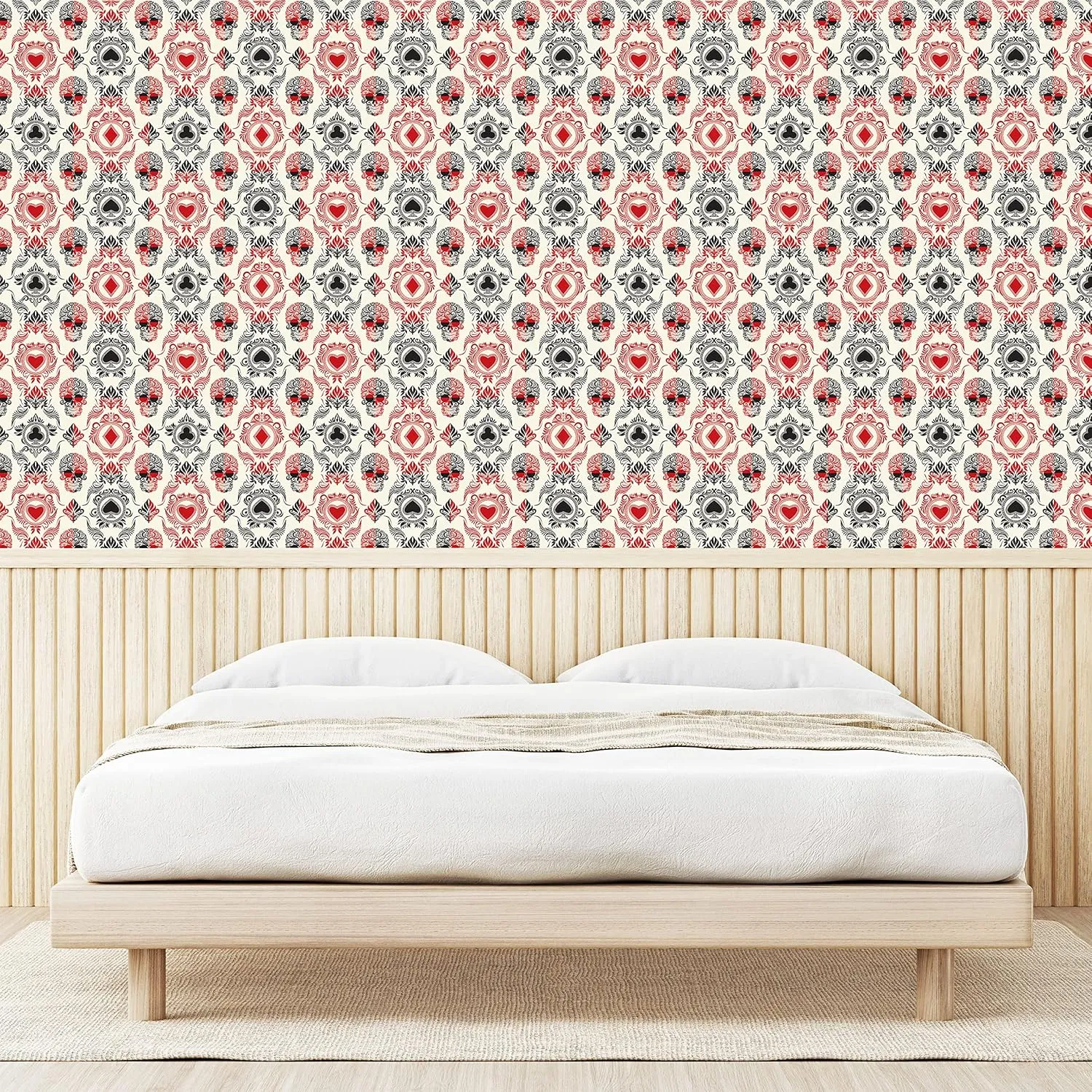 Lunarable Skull Peel & Stick Wallpaper for Home, Playing Card Themed Skeleton Head Ace of Spades Diamonds Hearts Victorian, Self-Adhesive Living Room Kitchen Accent, 13" x 100", Vermilion Black Cream