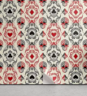 Lunarable Skull Peel & Stick Wallpaper for Home, Playing Card Themed Skeleton Head Ace of Spades Diamonds Hearts Victorian, Self-Adhesive Living Room Kitchen Accent, 13" x 100", Vermilion Black Cream
