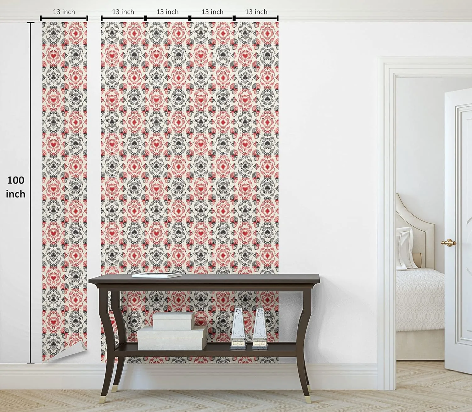 Lunarable Skull Peel & Stick Wallpaper for Home, Playing Card Themed Skeleton Head Ace of Spades Diamonds Hearts Victorian, Self-Adhesive Living Room Kitchen Accent, 13" x 100", Vermilion Black Cream