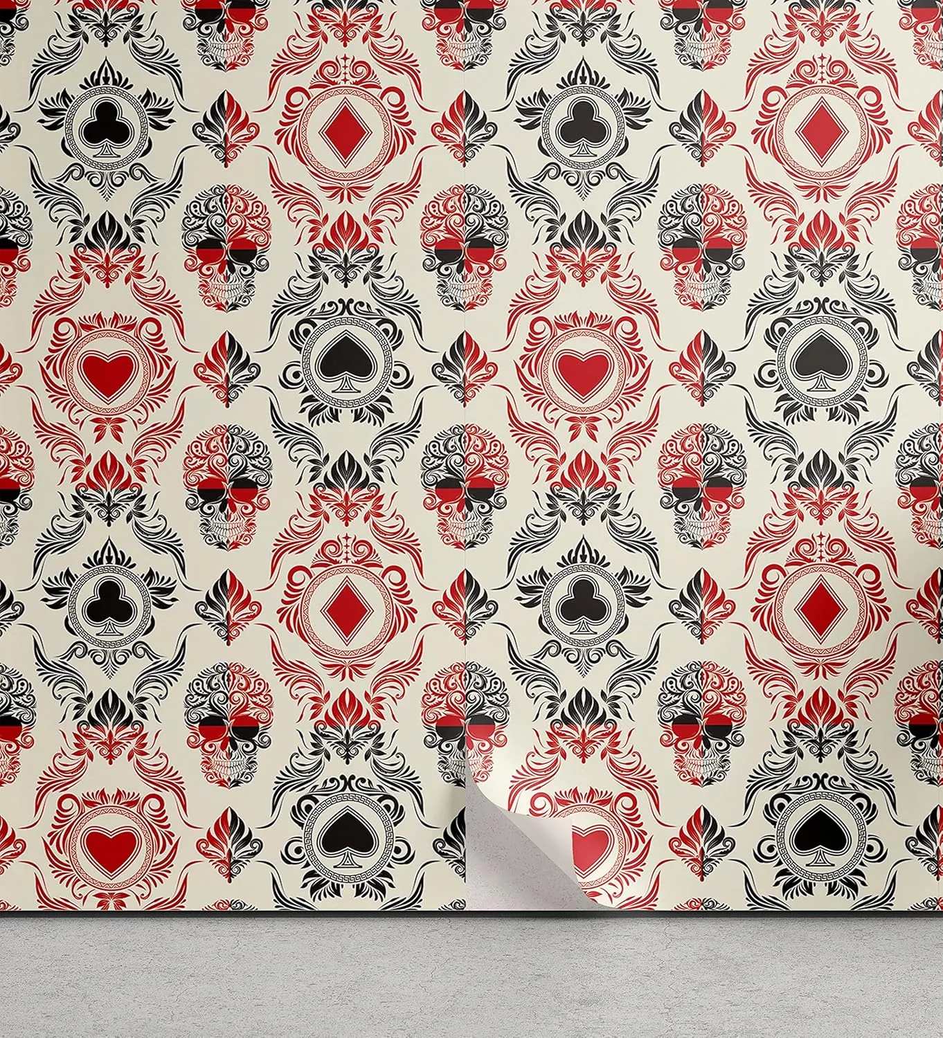 Lunarable Skull Peel & Stick Wallpaper for Home, Playing Card Themed Skeleton Head Ace of Spades Diamonds Hearts Victorian, Self-Adhesive Living Room Kitchen Accent, 13" x 100", Vermilion Black Cream