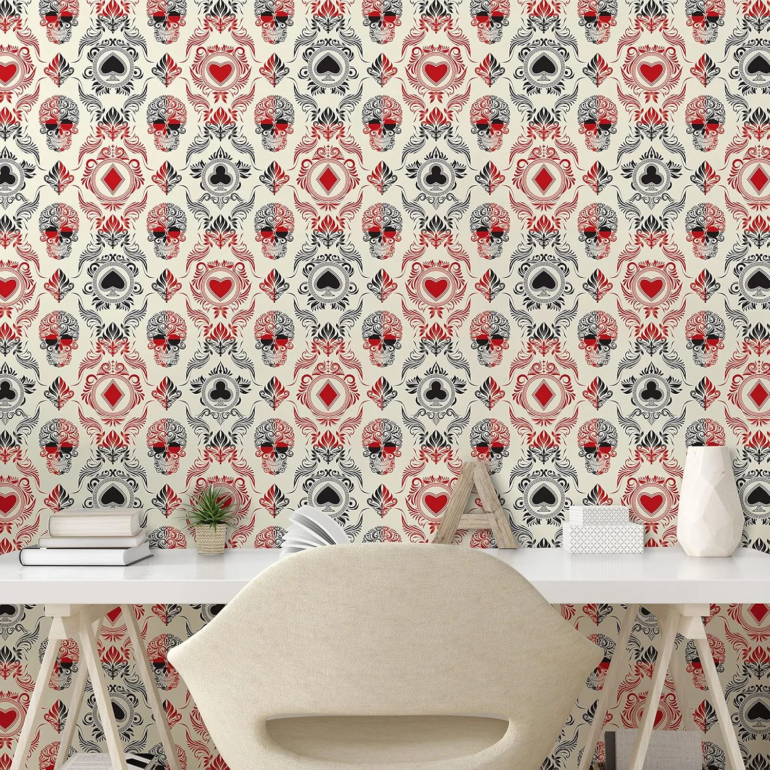 Lunarable Skull Peel & Stick Wallpaper for Home, Playing Card Themed Skeleton Head Ace of Spades Diamonds Hearts Victorian, Self-Adhesive Living Room Kitchen Accent, 13" x 100", Vermilion Black Cream