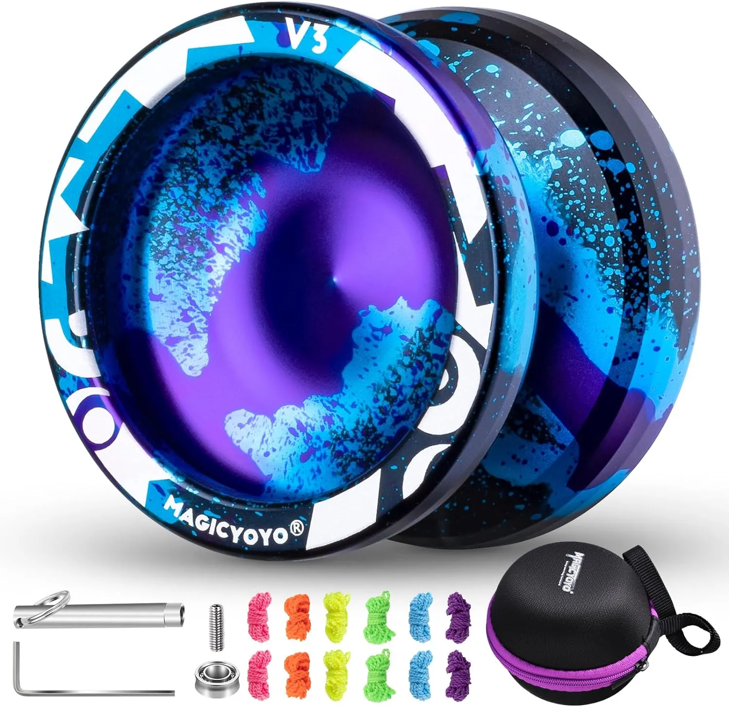 MAGICYOYO Responsive Yoyo V3, Professional Metal Yoyo for Kids Beginner, Aluminum Alloy Yoyo with Unresponsive Bearing   Bearing Removal Tool   Axle   Bag   12 Yoyo Strings (Black Blue Purple)
