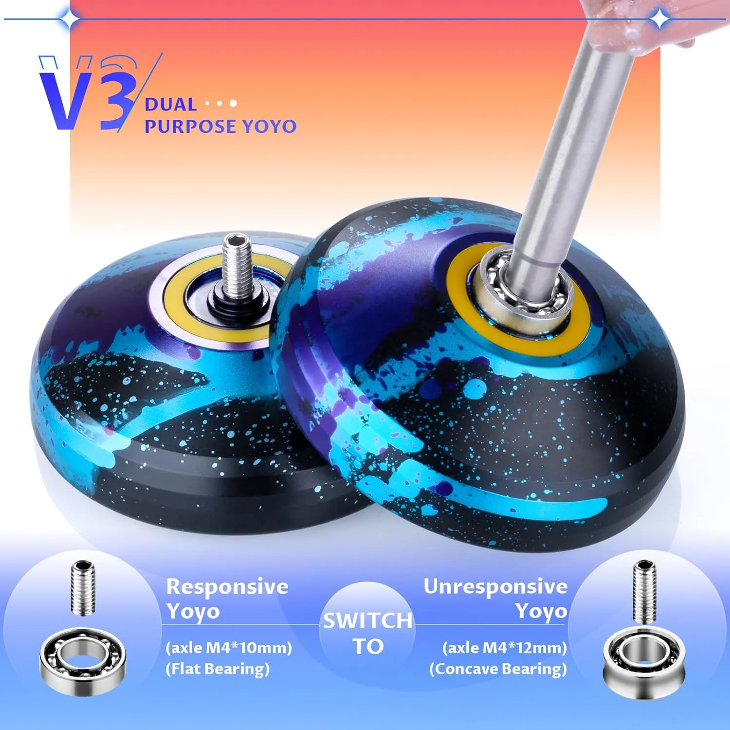 MAGICYOYO Responsive Yoyo V3, Professional Metal Yoyo for Kids Beginner, Aluminum Alloy Yoyo with Unresponsive Bearing   Bearing Removal Tool   Axle   Bag   12 Yoyo Strings (Black Blue Purple)