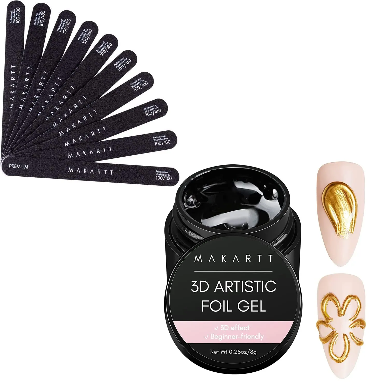 Makartt 3D Nail Foil Glue, 8ml Foil Transfer Gel Foil Bundle with Nail File 100 180 Grit Emery Boards for Nails 10pcs Black Nail Files Professional Washable
