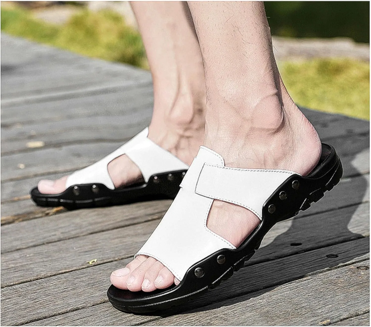 Men's Fashion Leather Platform Outdoor Beach Slides Comfort Fish Mouth Open Toe Soft Bottom Summe Slip On Fisherman Walking Sandals Casual Non Slip Flat Business Dress Slipper