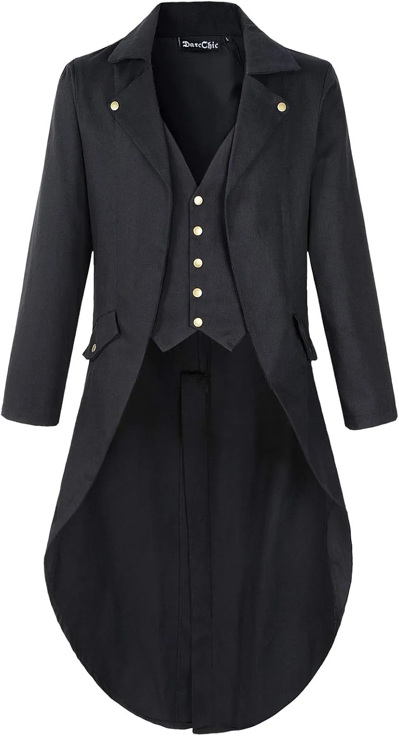 Mens Gothic Tailcoat Jacket Black Steampunk VTG Victorian Coat