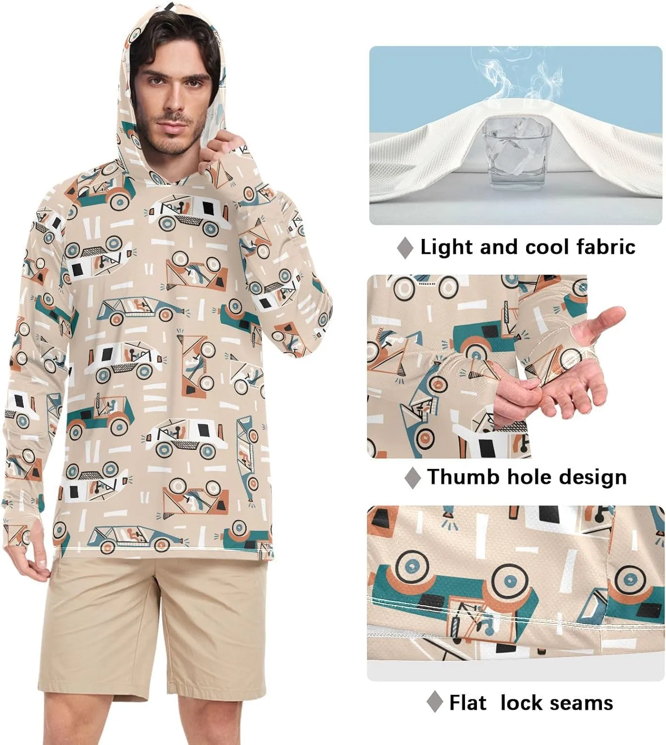 Mens Hoodie Sun Protection Long Sleeve Car Doodle Sun Shirt with Hood UPF 50  Beach Hoodies Rash Guard for Men